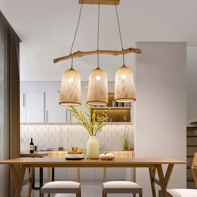Drie koppen rotan hanglamp, restaurant bamboe geweven lamp 3500K