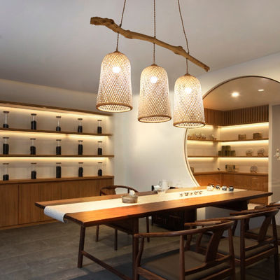 Drie koppen rotan hanglamp, restaurant bamboe geweven lamp 3500K