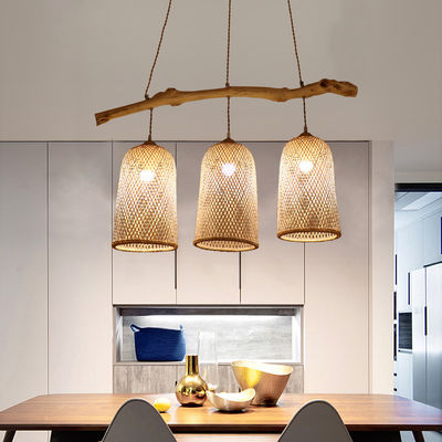 Drie koppen rotan hanglamp, restaurant bamboe geweven lamp 3500K