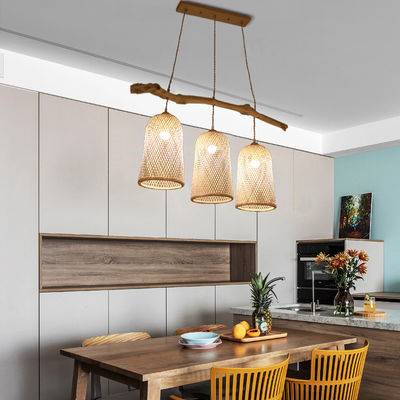Drie koppen rotan hanglamp, restaurant bamboe geweven lamp 3500K