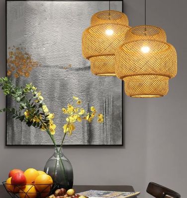 3500K rond bamboe weven LED hanger licht, rond rotan licht OEM ODM