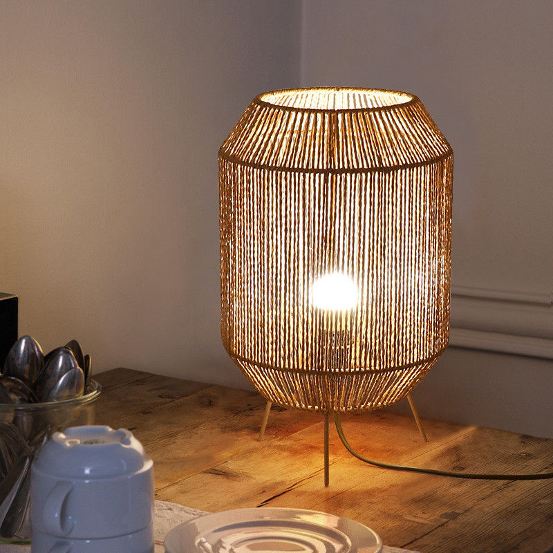 Vintage Twine Rattan Tafellamp, Handgemaakte Wabi Sabi Tafellamp Voor Homestay
